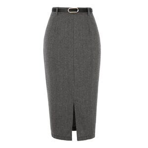 Women's Midi Pencil Skirt Fall Winter Slit Office Skirts with Belt Black